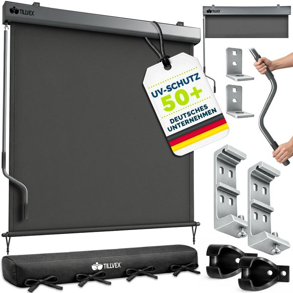 tillvex® Senkrechtmarkise 200x250 cm Anthrazit für Außen- und Innenbereich | Außenrollo wasserfest mit Handkurbel für Balkon, Terrasse & Garten | Balkonrollo Sonnenschutz aus Aluminium | Rollo Sichtschutz