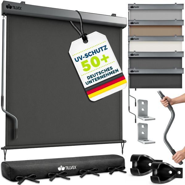 tillvex® Senkrechtmarkise 200x250 cm Anthrazit für Außen- und Innenbereich | Außenrollo wasserfest mit Handkurbel für Balkon, Terrasse & Garten | Balkonrollo Sonnenschutz aus Aluminium | Rollo Sichtschutz
