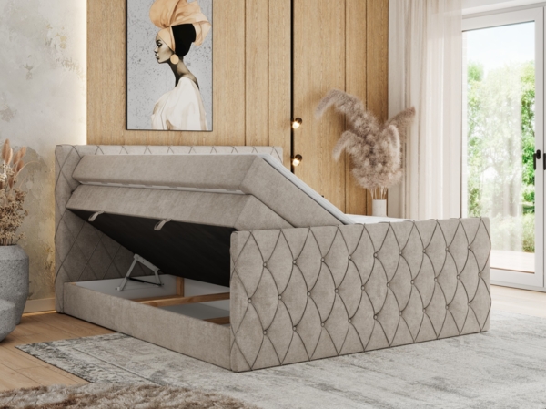 Boxspringbett, Doppelbett mit Fußteil, Multipocket-Matratzen und Topper, gestepptes Kopfteil und Front - MIREN KING DUO - 120 x 200 cm - Beige Stoff - H3 Bild 3