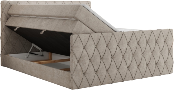 Boxspringbett, Doppelbett mit Fußteil, Multipocket-Matratzen und Topper, gestepptes Kopfteil und Front - MIREN KING DUO - 120 x 200 cm - Beige Stoff - H3 Bild 5