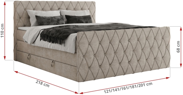 Boxspringbett, Doppelbett mit Fußteil, Multipocket-Matratzen und Topper, gestepptes Kopfteil und Front - MIREN KING DUO - 120 x 200 cm - Beige Stoff - H3 Bild 6