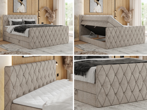 Boxspringbett, Doppelbett mit Fußteil, Multipocket-Matratzen und Topper, gestepptes Kopfteil und Front - MIREN KING DUO - 120 x 200 cm - Beige Stoff - H3 Bild 2