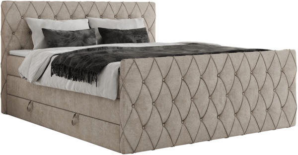 Boxspringbett, Doppelbett mit Fußteil, Multipocket-Matratzen und Topper, gestepptes Kopfteil und Front - MIREN KING DUO - 120 x 200 cm - Beige Stoff - H3 Bild 4