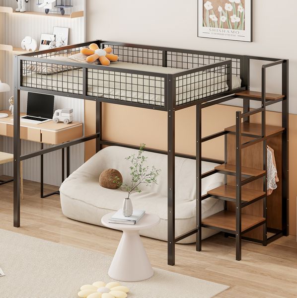 Bett 140x200 cm Hochbett aus Metall mit Leiter und Stauraum – platzsparendes Kinderhochbett in Schwarz