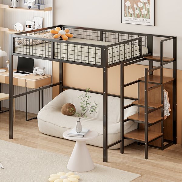 Bett 140x200 cm Hochbett aus Metall mit Leiter und Stauraum – platzsparendes Kinderhochbett in Schwarz