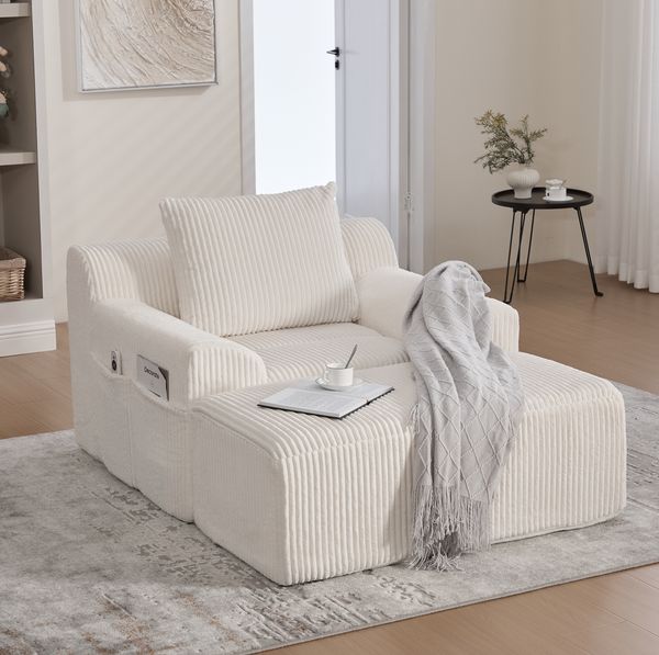 Übergroßer Kord Sessel mit Steigbügeln & Seitentaschen, 147×110×67 cm, Beige