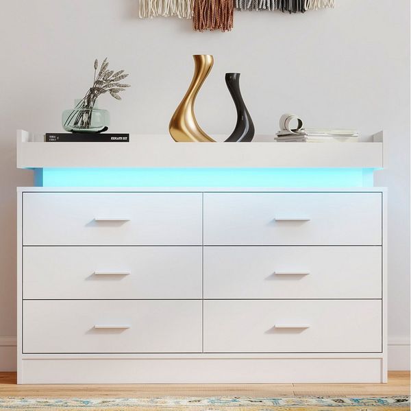 oyajia Kommode Sideboard mit 6 Schubladen und LED-Beleuchtung, Schrank für Wohnzimmer und Schlafzimmer Weiß