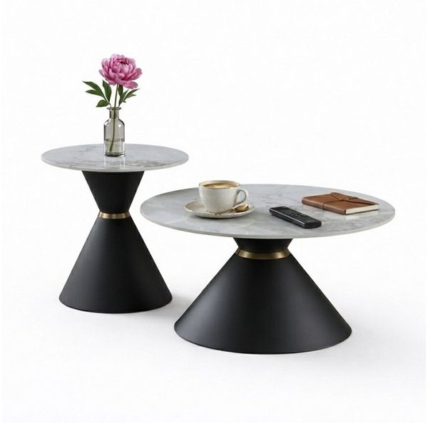 HOOZ Couchtisch Couchtisch rund 2er Set Keramik Beistelltisch 80 & 50 cm Schwarz (Set, 2× Couchtisch), Keramik-Tischplatte, Marmor-Optik, pflegeleicht