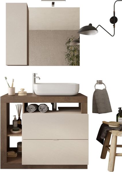 welltime Badmöbel-Set Hamburg, Badezimmerset 2tlg. Breite 92 cm, Badmöbel, Waschtisch inkl, (Spar-Set, 2-St), Waschbecken, Spiegelschrank mit LED Aufbauleuchte, Soft-Close-Funktion