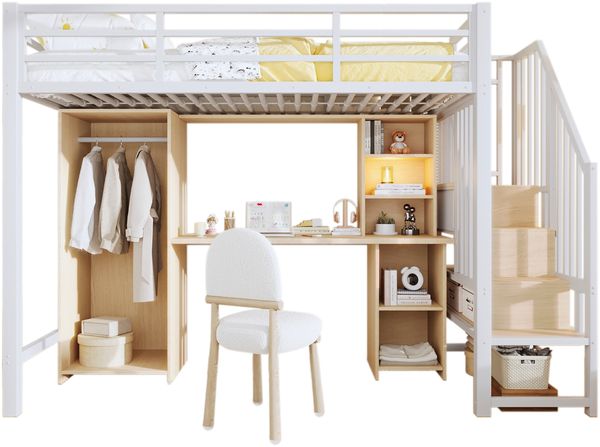 Metall-Hochbett 90×200cm mit integriertem Schreibtisch, Kleiderschrank & Stauraumtreppe, Stahl+E1-MDF, Weiß, ohne Lattenrost+Matratze, Gesamt L251,2 × T98 × H171 cm
