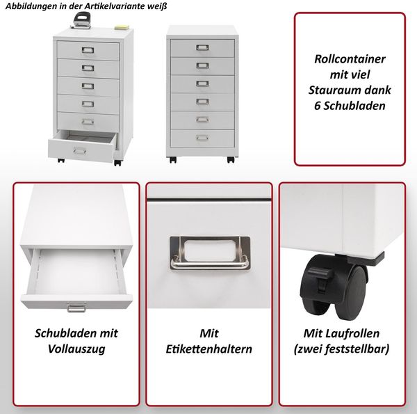 Rollcontainer HWC-L49, Schubladenschrank Stahlschrank Aktenschrank, Metall 75x40x41cm 6 Schubladen ~ rot Bild 2