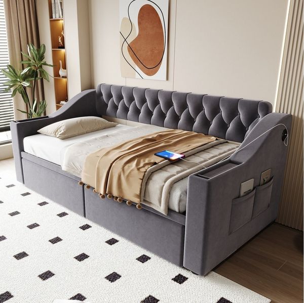 Merax Daybett 90x190cm mit USB-Ladeanschluss und Metallrahmen (Sofabett Jugendbett Einzelbett Tagesbett aus Samt, 1 tlg), Polsterbett Schlafsofa mit Seitentaschen Schubladen Ablagen & Stauraum