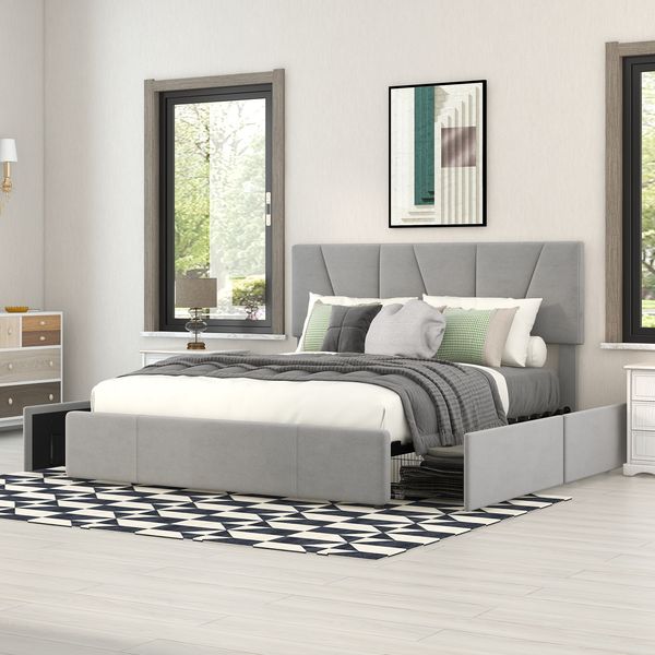 Double Size Polster Plattform Bett mit vier Schubladen auf zwei Seiten,Verstellbares Kopfteil,Grau140*200cm