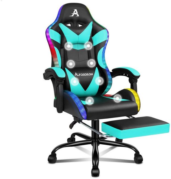 ALFORDSON Gaming-Stuhl Massagestuhl mit LED, ergonomischer Schreibtischstuhl mit 150° Neigung, Einziehbarer Fußstütze, PU-Leder, Höhenverstellbar, 180 kg Tragkraft
