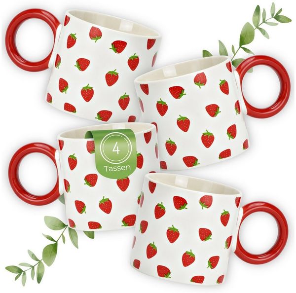 matches21 HOME & HOBBY Tasse Kaffeetassen Erdbeer Dekor, 4er Set Kaffeetasse Weiß Gelb, 4-tlg, Porzellan, Bunte Obst Frühstückstasse 330 ml