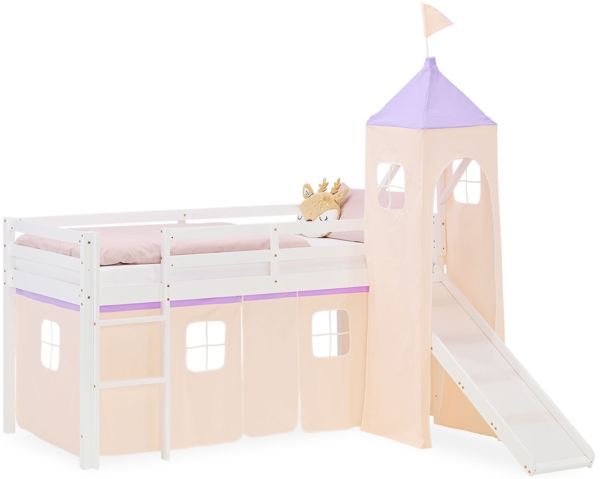 Hochbett Kinder 90x200 cm mit Rutsche Kinderbett Kinderhochbett Stockbett Vorhang Turm Lila Peach