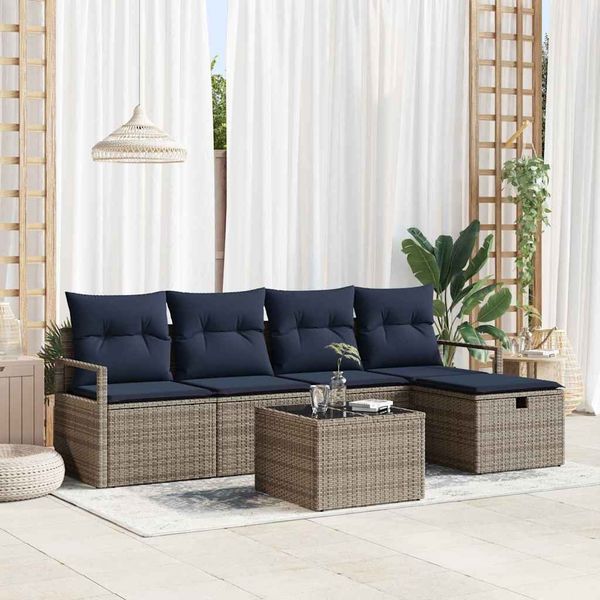 vidaXL Sofa Set mit Kissen Grau und Marineblau Poly-Rattan 3359174
