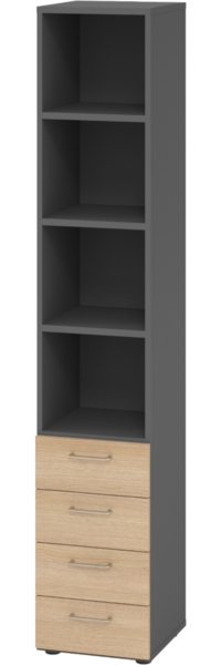 bümö smart Schubladenschrank, Büroschrank in Graphit/Eiche mit 4 Schüben & 4 Regalfächern - Bürocontainer aus Holz, Container mit Metallgriffen & Soft-Stop Schubladen, 964S4-G-E-BS