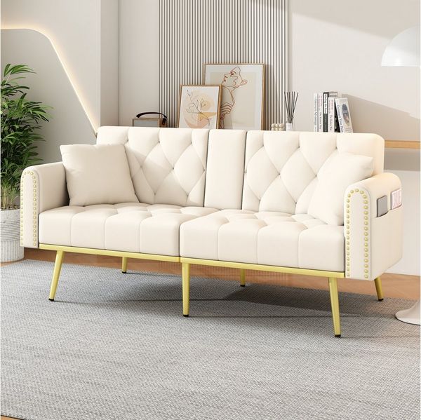 Flieks Sofa klappbar Schlafsofa mit Liegefunktion und Getränkehalter, 3 verstellbaren Neigungswinkeln, Länge 175cm 1 Teile, 2-3-Sitzer-Sofa mit Schlaffunktion und Zierkissen Samt Beige