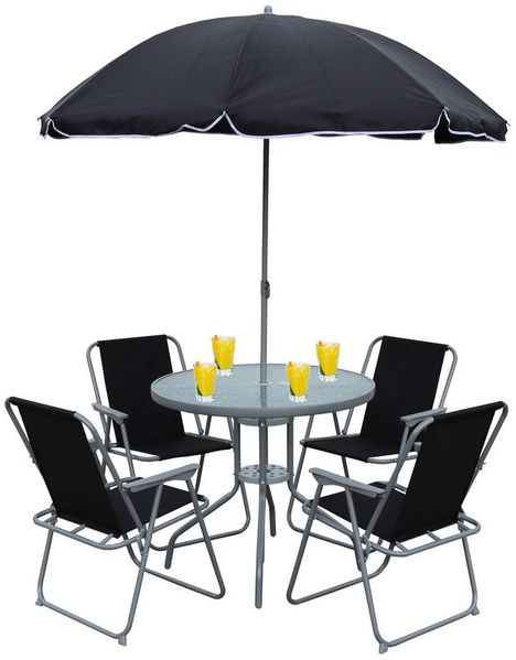 VCM Garten-Essgruppe 6tlg Balkonset Gartenmöbel Stapelstühle Set Maxola, (Set, 6-tlg, 1x Tisch 4x Stuhl 1x Sonnenschirm)