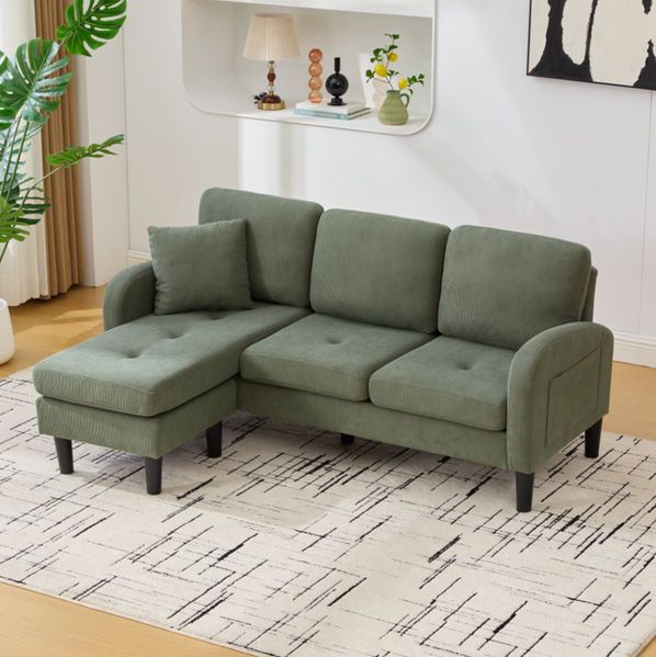 L-förmiges Ecksofa 166x118x77 cm mit Chaiselongue – modular, Cordstoff, grün