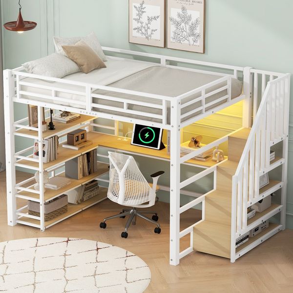 Hochbett mit RGB LED-Streifen, Schreibtisch, Lattenrost, Regal und USB, Treppe mit Regal, 140x200 cm, Kinderbett mit Rausfallschutz, Metallbett