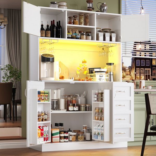 Odikalo Küchenbuffet Küchenschrank Buffetschrank mit LED & Schubladen (120x40x188cm, mit LED-Beleuchtung, Snackregal & Getränkehaltern, 4 Türen & 2 große Schubladen)