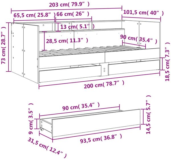 vidaXL Tagesbett mit Schubladen ohne Matratze Räuchereiche 90x200 cm 3280850 Bild 10