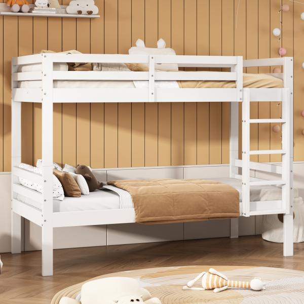 Merax Etagenbett für Kinder, Kinderbett mit dreistufiger Winkelleiter und Absturzsicherung, Bett aufgeteilt in 2 Einzelbetten, Jugendbett, Einzelbett, Rahmen aus Kiefer, Weiß, 90x200cm