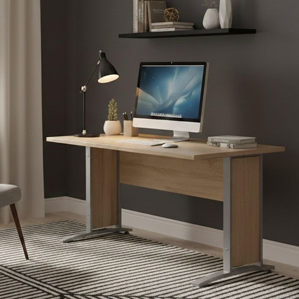 Dmora - Schreibtisch Marcerre, Mehrzweckschreibtisch, Bürotisch für PC, Eckschreibtisch, 150x80 h75 cm, Grau und Eiche