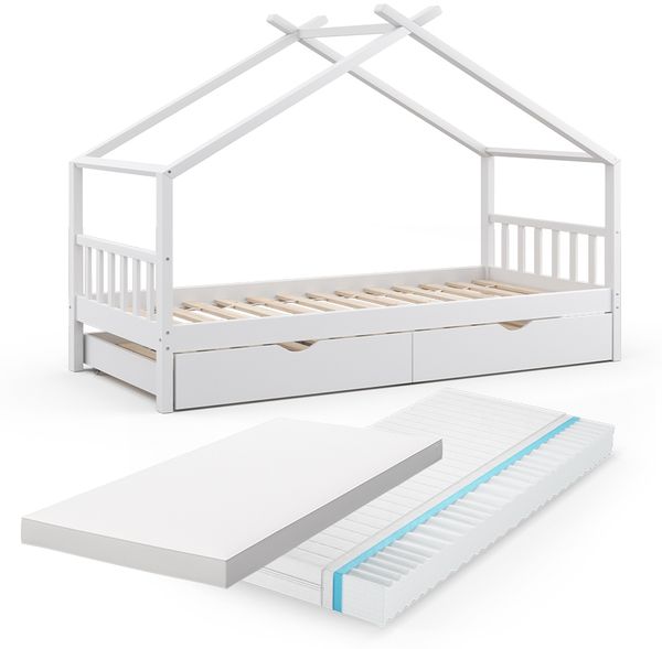 Hausbett Design Weiß 90x200 cm mit Gästebett und 2 Matratzen Vitalispa