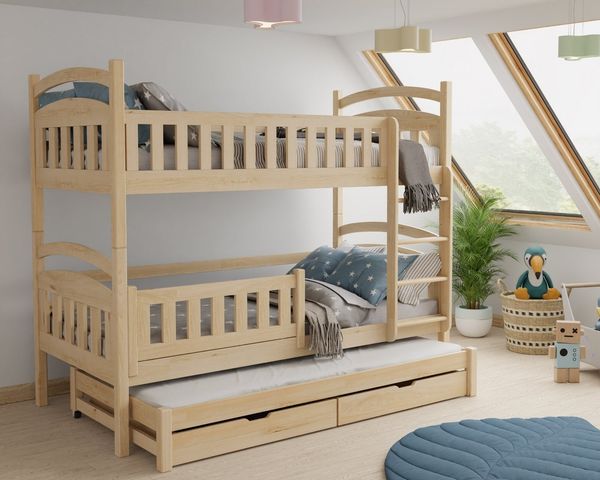 Deine Möbel 24 Etagenbett LILLY Kinder-Etagenbett 90x200 für 3 Kinder Personen Kiefer Natur (Hochbett Kinderbett Funktionsbett aus Massivholz Vollholz Hellgrau in 2 Kinderbetten umbaubar Matratzen optional, 1-St, aus Kiefernholz), aus Massivholz Hochbe...