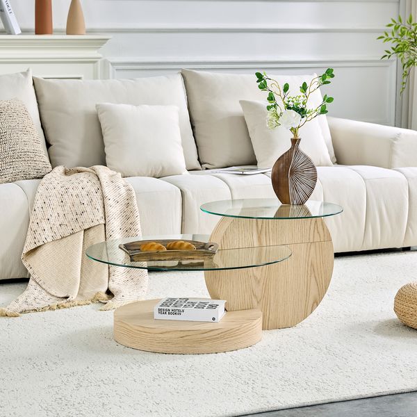 Couchtisch 44 x 90 x 70 cm, zweistufig, Sicherheitsglas und MDF in heller Holzmaserung