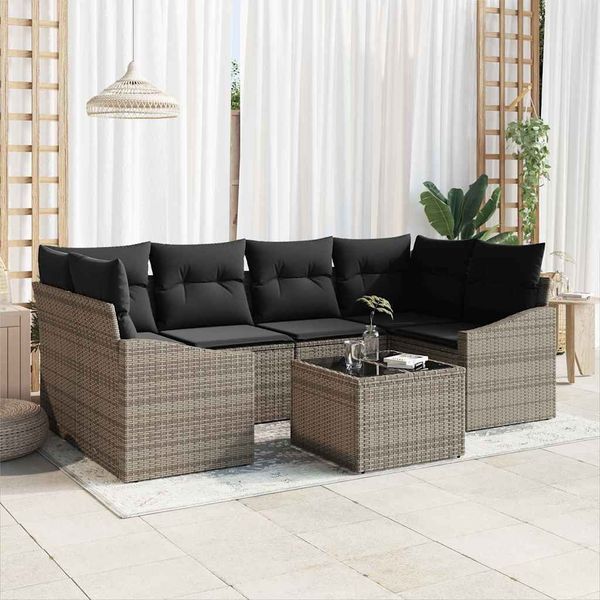 vidaXL Sofa Set mit Kissen mit Speicher 7 pcs Grau Poly-Rattan 3355288