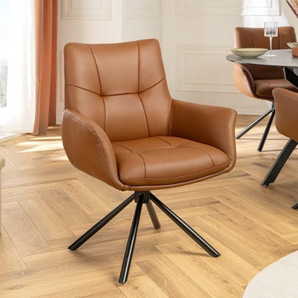 Drehbarer 360° Echtleder Stuhl SIGN cognac Federkern mit Armlehne Metallgestell