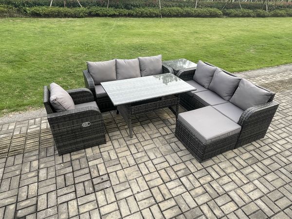 Fimous 8 Sitzer Rattan Gartenmöbel-Set Langer Rechteckiger Esstisch und Sesseln Set mit 3 Sitzer Sofa Großer Fußhocker Beistelltischen Dunkelgrau gemischt