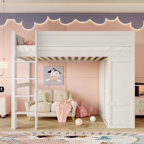 Hochbett 90x200 cm aus Kiefernholz/MDF, mit integriertem Kleiderschrank & Stauraum, weiß, sicherer Rausfallschutz