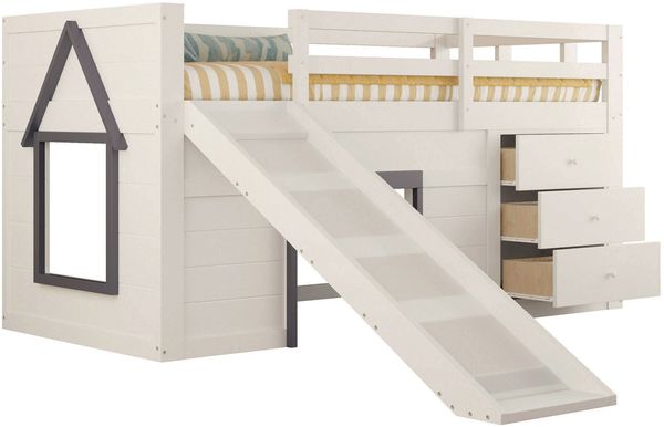 Merax Etagenbett Hochbett 90x200cm mit Rutsche, Kinderbett Hausbett mit 3 Schubladen, mit Rausfallschutz und Lattenrost, Stockbett Creme