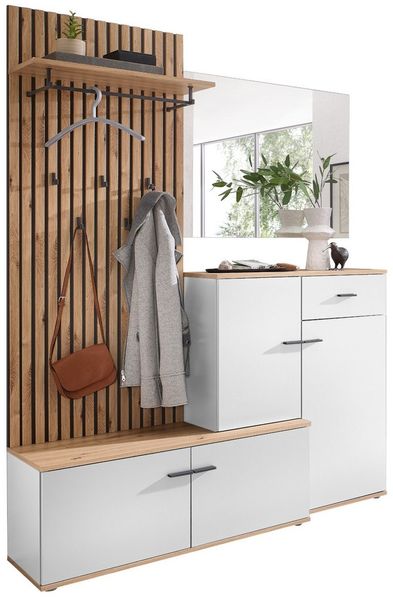 moebel-dich-auf Kompaktgarderobe COMO (Paneel + Schuhschrank + Spiegel, 148 cm breit) Lamellenoptik