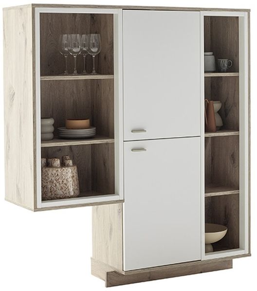Highboard >SANTERNO< 2 Türen, in Soft withe / Viking Eiche Dekor - 124x140x37 (BxHxT)