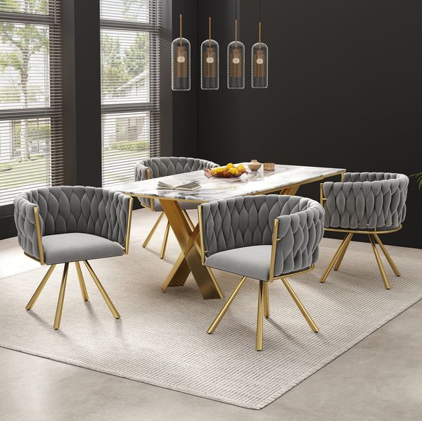 Esszimmerstuhl 4er-Set 72×54×59 cm mit 360°-Drehfunktion – Samtbezug, Metallgestell in Grau und Gold