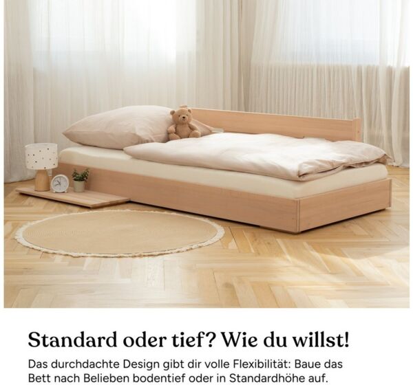 Ehrenkind Holzbett Plano, Modulares Familienbett, FSC® Zertifiziert (Einzelbett, 90x200 cm, Massiv-Buche Natur, 2‑in‑1 Höhe (Bodenbett oder Standard), Modular und Höhenverstellbar