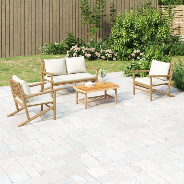 vidaXL 4-tlg. Garten-Lounge-Set mit Cremeweißen Kissen Bambus 3156471