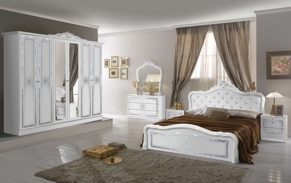 Interdesign24 Schlafzimmer-Set Livia, (im klassischen Barock Stil, 6-Teilig), in Weiß/Silber Hochglanz