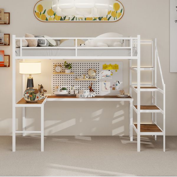 Hochbett mit L-förmigem Schreibtisch, Maße 90*190cm, mit großem Stauraum ,Ablageflächen, stabiler Bettgestell mit Treppe und kontinuierlichem Sicherheitsgeländer, platzsparend, leise und ohne Federkem