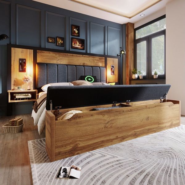 REDOM Holzbett mit Bettgestell Lattenrost (Struraumbett, Doppelbett, Funktionsbett, 1-tlg, 180×200cm, mit Matratze), mit Leselampe und USB/Type-C Nachttisch und Sitzbank mit Stauraum