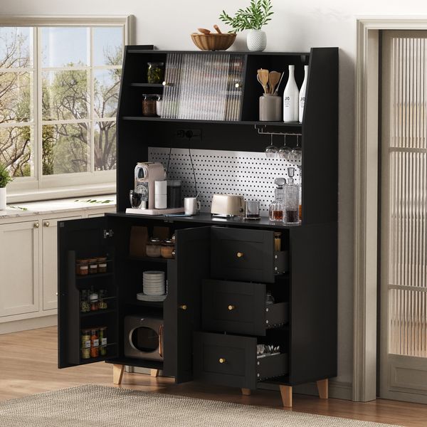 Hochschrank, mit Steckdosen Lochbrett Weinglashaltern Schubladen Stauraum Barschrank Küchen-Buffetschrank, Holzwerkstoff, Schwarz, —