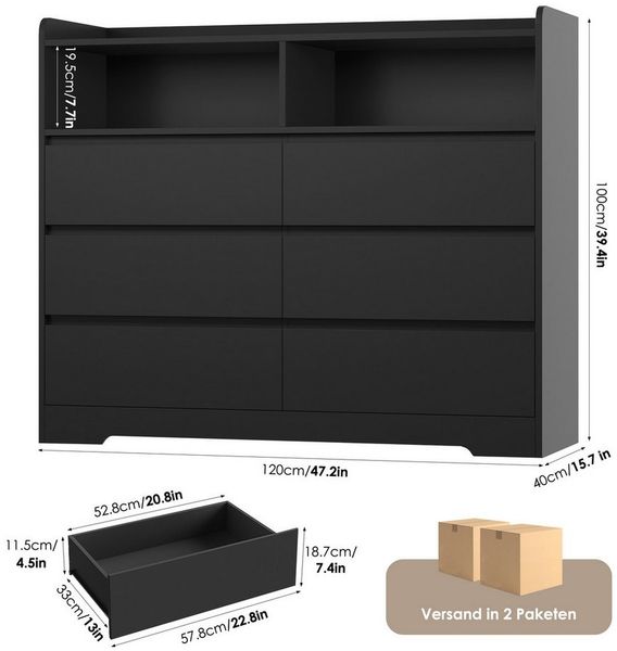 Homfa Kommode Sideboard Komodenschrank, mit 6 Schubladen und 2 offenen Fächern, Breite 120cm Höhe 100cm