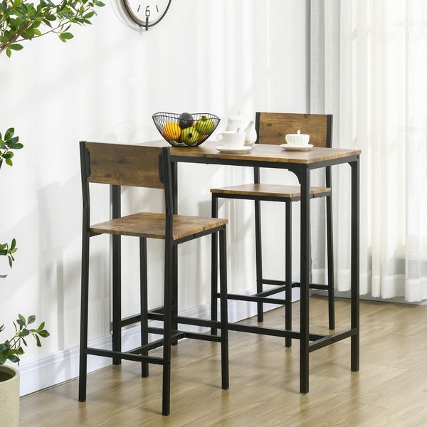 HOMCOM Bargruppe Bartisch Set Bartisch mit Barhocker-Set, (Esstisch, 3-tlg, Esstisch mit 2 Stühlen), für Esszimmer, Küche, Rustikal-Braun