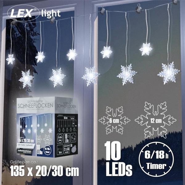 10er LED Lichterkette Schneeflocken Deko batteriebetrieben kaltweiß Saugnäpfe